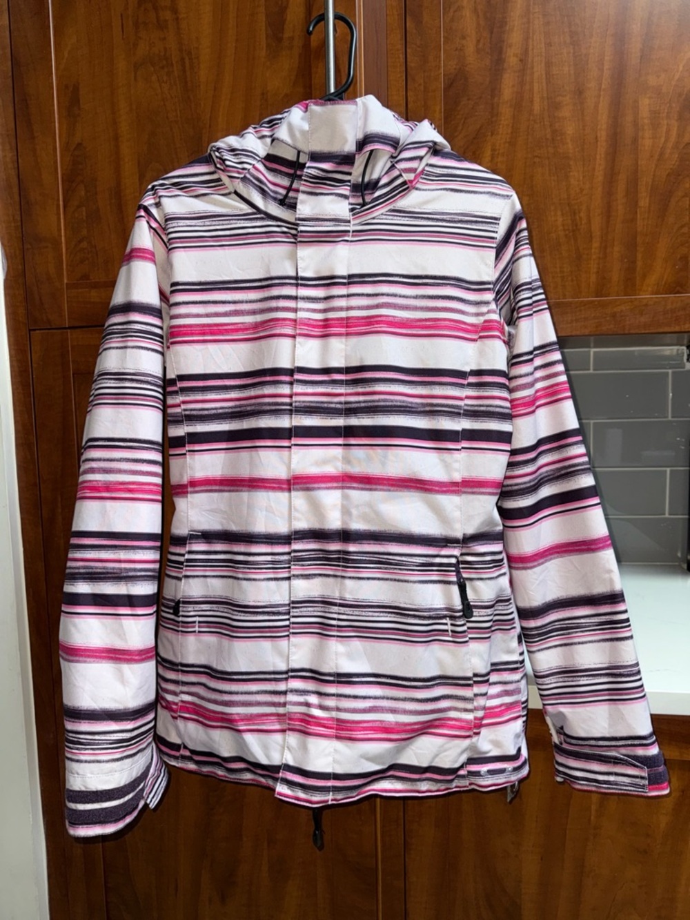 Oakley Women's Striped Hooded Ski Jacket in Pink, Black & White